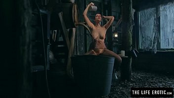 Play Puffy nippled milf fucking herself hard in a run down shack