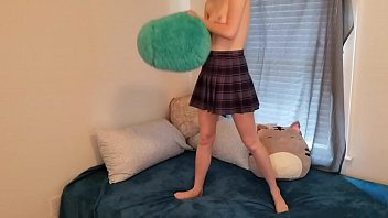 Play Young schoolgirl jumps on bed until taken doggy style and cum on
