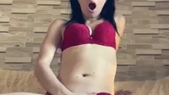 Play Brunette Pornstar in Red Lingerie Masturbates with Double Penetration