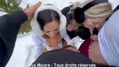 Play Snowy Threesome: Blonde & Brunette Amateur MILFs Suck Cock & Take Facial Cumshot