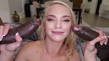 Play Cute teen sucks and fucks 2 black monster cocks
